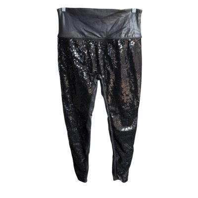 Spanx Sequin Faux Leather Leggings XL Black Stretch Slimming Party Witchy