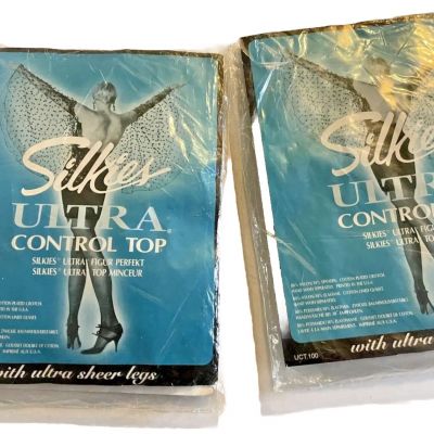 Pantyhose 2 NIP Silkies Ultra Control Top Size XL Queen Off White Ivory 030509