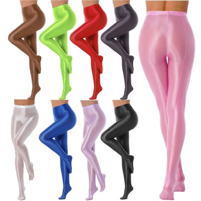 US Women Glossy Oil Shiny Leggings Footed Stockings Crotchless
