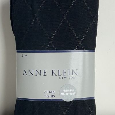 Anne Klein Womens Tights S/M Small Medium Black 2 Pair Solid & Diamond Pattern