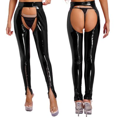 US Womens Trousers Faux Leather Wet Look Cutout Tights Latex Zipper Skinny Pants