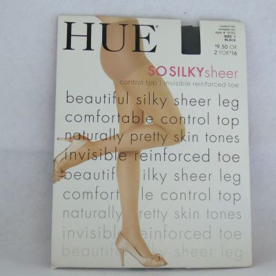 HUE So Silky Sheer Control Top Pantyhose Invisible Toe - Black - Size 1