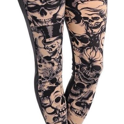 Black/Beige Skull Print Wet Look Pleather Back Leggings Pants w/ Pockets