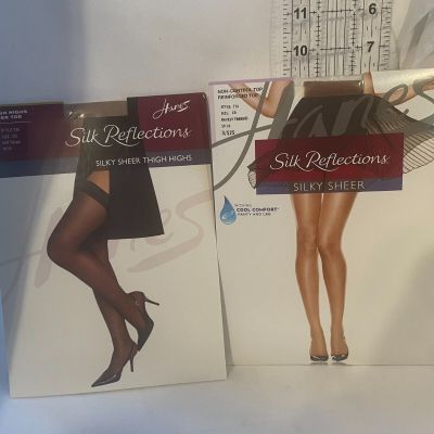2 Hanes Silk Reflections Silky Sheer  CD thigh highs & non control top
