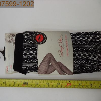 QTY = 2 PAIRS: Marilyn Monroe Women's Fishnet Tights w/ Solid Opaque, Black