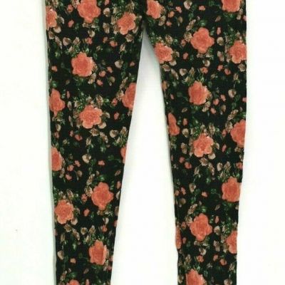 Iris Juniors Medium Black Full Length Pink Tan Rose Floral Print Fashion Legging