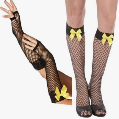 Black Knee High Stockings w Yellow Bow Glovettes Set - Sexy Bee Costume Fishnets