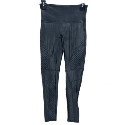 Spanx Leggings Womens Medium Black Shimmer Faux Leather Moto Grunge Biker Vamp