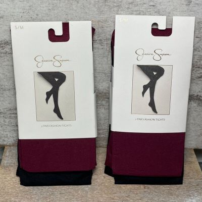Lot of 2 Packs Jessica Simpson 2 Pair Fashion Tights Each Black & Wine Brand New