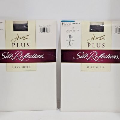 2 Hanes Plus~Silk Reflections Control Top Pantyhose~Barely Black~Three Plus~NEW