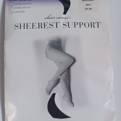 JC Penney Pantyhose Sheer Caress Sheerest Support Size Queen Short Navy Vtg