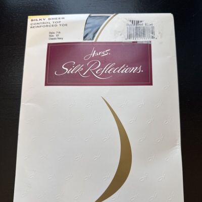 NIP! HANES Silk Reflections NAVY Control Top PANTYHOSE #718 ~ Size EF