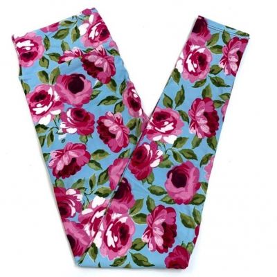 LuLaRoe Womens Leggings Size TC2 Light Blue Pink Roses Floral Plus 18+ NWT