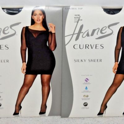 2 New Black Hanes Curves Silky Sheer Pantyhose Lot 1x/2x 1x 2x
