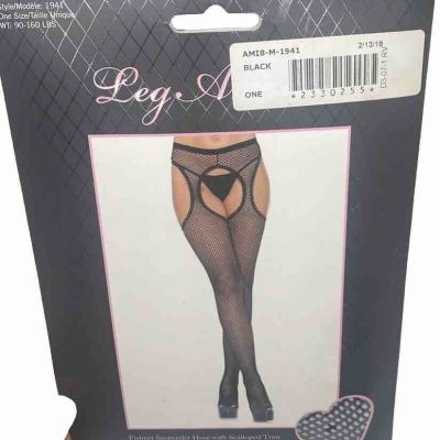 Leg Avenue Madele blk Fishnet Suspender Hose scalloped trim fits 90lbs to 160lbs