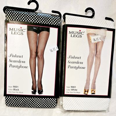 2 Pair of Music Legs Black & White Fishnet Pantyhose One Size Fits Most #9001