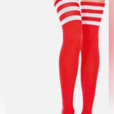 Music Legs Thigh High Stocking Athletic Striped Red & White ML-4245