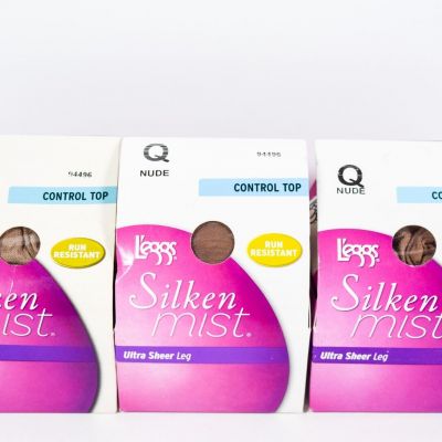 3 L'eggs Silken Mist Ultra Sheer Leg Control Top Run Resistant NUDE Size Q Tight
