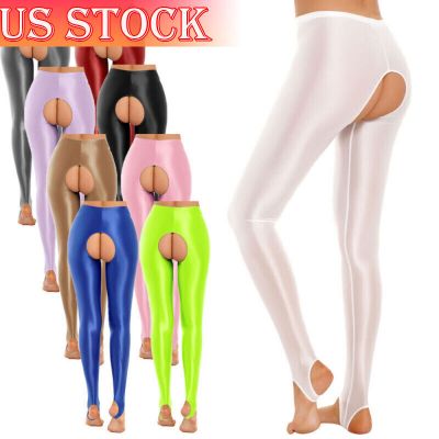 US Women's Shiny Mid Waist Stirrup Leggings Soild Hollow Out Compression Pants