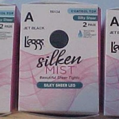 6 L'EGGS Silken Mist CONTROL TOP Tights Sheer Toe Pantyhose JET BLACK~SIZE A