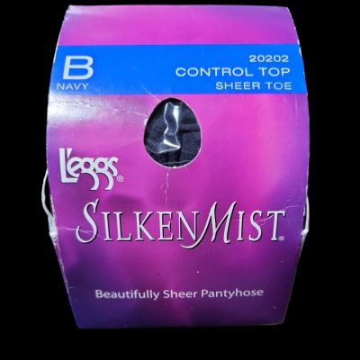 Leggs Silken Mist, Sheer toe Control Top Pantyhose, color Navy size B NOS