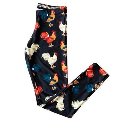 Black Full Length Leggings Bright Colored Chicken Rooster Design XS