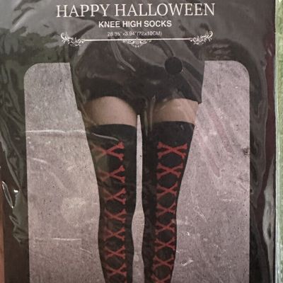 Womens Black Sexy Costume Cosplay Halloween Thigh High Stockings Red Cross Bones