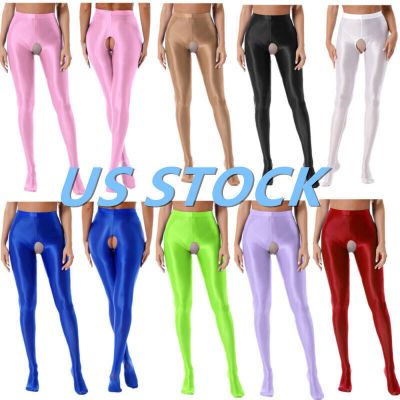 US Womens Glossy Pantyhose High Waist Crotchless Stockings Tights Pants