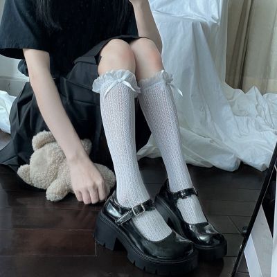 1 Pair Long Socks Ruffle Trim Versatile Vertical Hollow Jacquard Girls Long