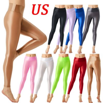 US Women Tight Slimming Glossy Workout Capri Pants High Waist Stretchy Trousers