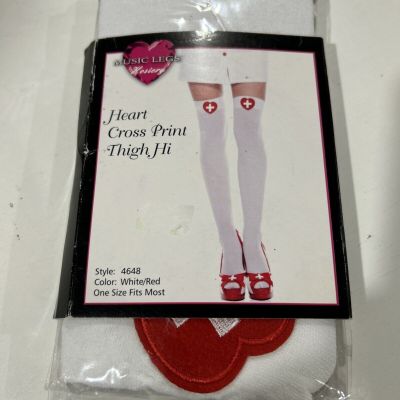 Heart Cross Print Thigh Hi Music Legs Hoisery Hearts White