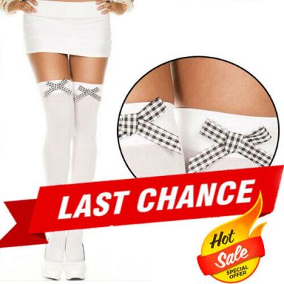 1-4PC White Opaque Thigh High Lingerie Stockings Black/White Checkered Bow Top