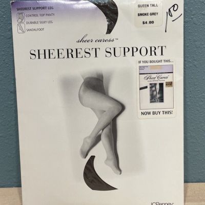 JC Penney Sheer Caress Sheerest Support Control Pantyhose Queen Tall Grey New