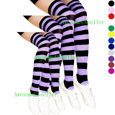 3 Women's Striped Thigh High Socks Sheer Over The Knee Plus Size Stockings USA