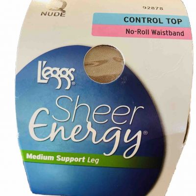 L'eggs Sheer Energy Control Top Medium Support Pantyhose Tights, Size Q,Nude
