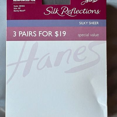 3 Pack Hanes Silky Sheer SILK REFLECTIONS PANTYHOSE - Barely Black Size EF - NOS