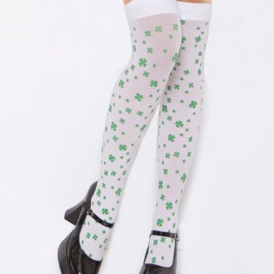 Sexy White Opaque Thigh-High Stockings w Four Leaf Clover Shamrock Print