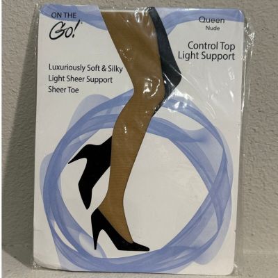 ON THE GO Pantyhose Size QUEEN Nude Control Top Light Support Sheer Toe New