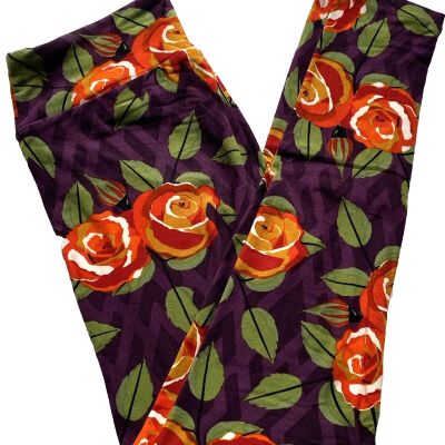 LuLaRoe Leggings Pants OS Flowers Floral Roses Purple Orange Green Soft Stretch