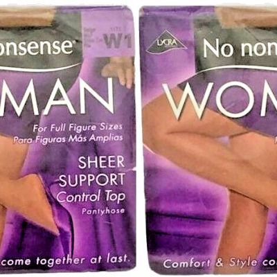 (2) No Nonsense Woman Sheer Support Control Top Pantyhose BEIGE MIST, Size W1