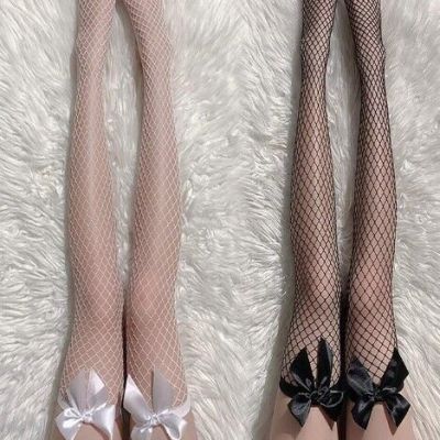2pair bow top fishnet thigh highs black & white nip kawaii goth