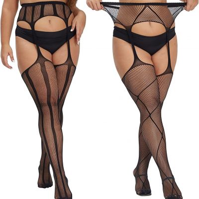 MANZI Plus Size Stockings Thigh High Fishnet Stockings Suspender Patterned Tight