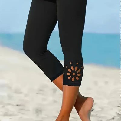 NEW Women Plus Size 5X Solid BLACK Stretch Pull On Mid Rise Legging Sweet Cutout