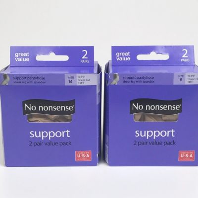 No Nonsense Support Pantyhose Sheer Leg with Spandex Nude Size B 4 Pairs