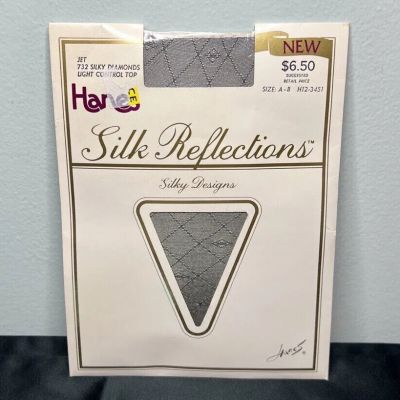 Vtg Hanes Silk Reflections Pantyhose Silky Diamonds USA #732 Jet Black Size A-B