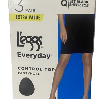 Leggs Everyday Control Top Pantyhose Size Q Jet Black 3 Pair Sheer Toe