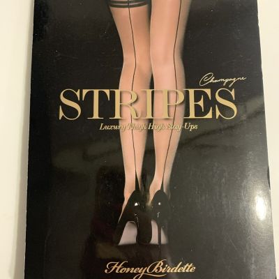 Honey Birdette Champagne Stripes Thigh High Stay Up Stockings Size M