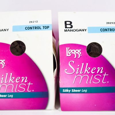 2 L'eggs Silken Mist Control Top Silky Sheer Leg MAHOGANY Tights Size B 20212