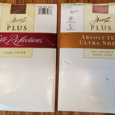 2 HANES PLUS PANTYHOSE ONE PLUS SILK REFLECTIONS+ABSOLUTELY ULTRA SHEER NATURAL