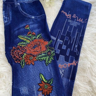 Women’s Blue Floral Denim Print Street Style Rhinestone Leggings SMALL & MEDIUM